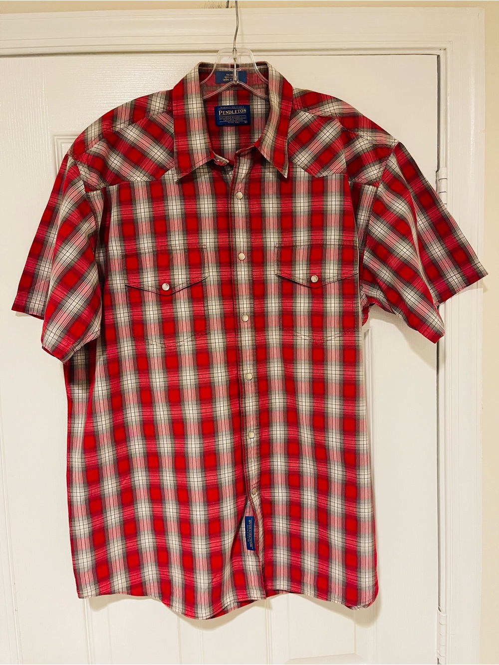 Men’s Pendleton Western Plaid Short Sleeve Pearl Snap Button Up Shirt Size Large